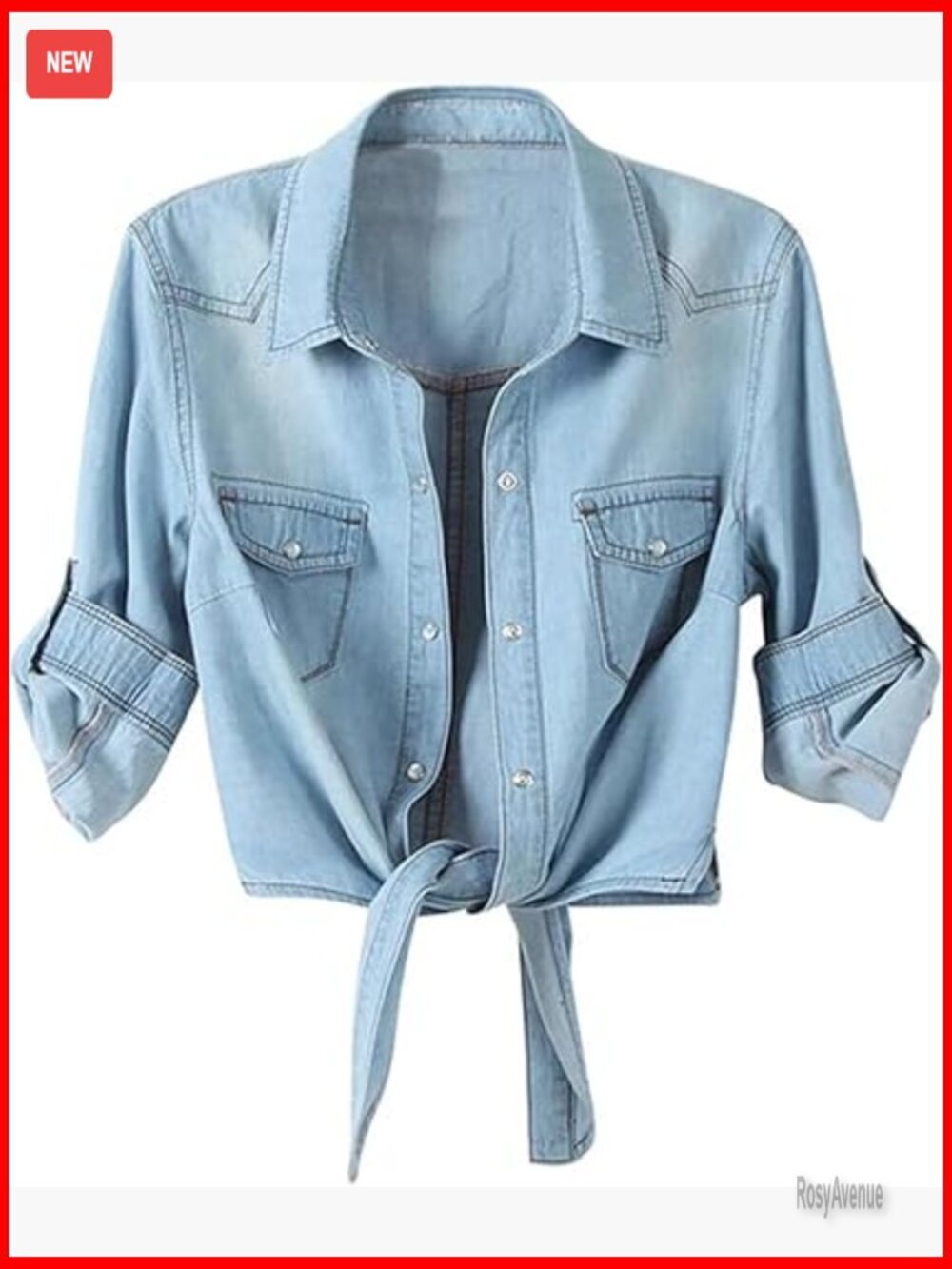 Front Tie Denim Crop Button Up Blouse with Pockets